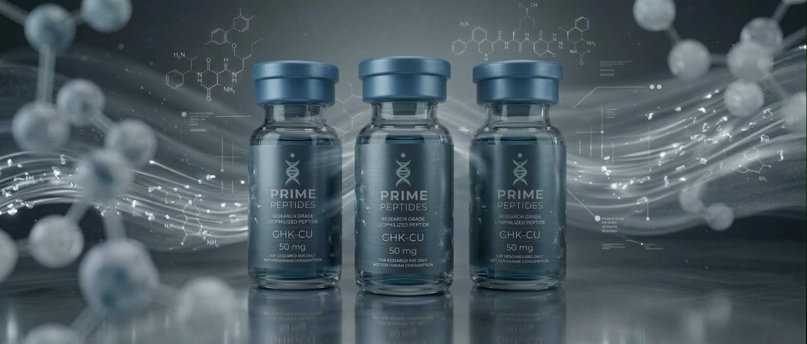 Prime Peptides GHK-CU research vials in a laboratory